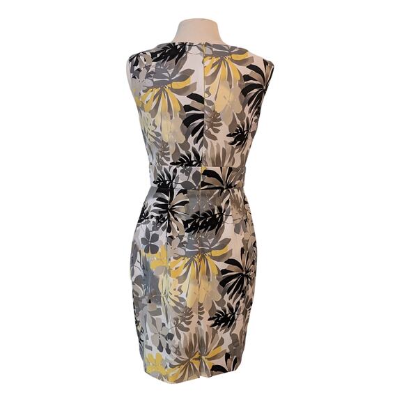 Asymmetric Draped Panel Sheath Dress 8 Tropical Floral Yellow Gray Black Office - Picture 4 of 10